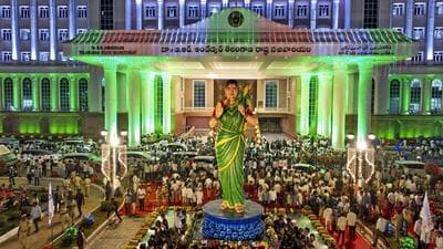 Newly unveiled 'Telangana Thalli' (Mother Telangana) statue on the State Secretariat premises, in Hyderabad, Monday. (PTI) Newly unveiled 'Telangana Thalli' (Mother Telangana) statue on the State Secretariat premises, in Hyderabad, Monday. (PTI)