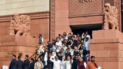 Opposition MPs protest against the adjournment of Lok Sabha on Monday. (ANI) Opposition MPs protest against the adjournment of Lok Sabha on Monday. (ANI)