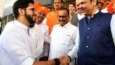 Maharashtra Chief Minister Devendra Fadnavis and Shiv Sena (UBT) leader Aaditya Thackeray during the Special session of Maharashtra Assembly. (PTI) Maharashtra Chief Minister Devendra Fadnavis and Shiv Sena (UBT) leader Aaditya Thackeray during the Special session of Maharashtra Assembly. (PTI)