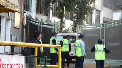Security personnel keep vigil outside a private school in Delhi which received a bomb threat mail. (PTI photo) Security personnel keep vigil outside a private school in Delhi which received a bomb threat mail. (PTI photo)