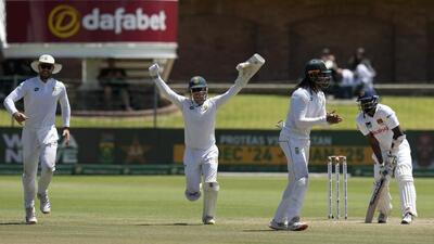 South Africa's players celebrate the dismissal Sri Lanka's Prabath Jayasuriya during the fifth day of the second Test at St George's Park in Gqeberha, South Africa on Monday. (AP) South Africa's players celebrate the dismissal Sri Lanka's Prabath Jayasuriya during the fifth day of the second Test at St George's Park in Gqeberha, South Africa on Monday. (AP)