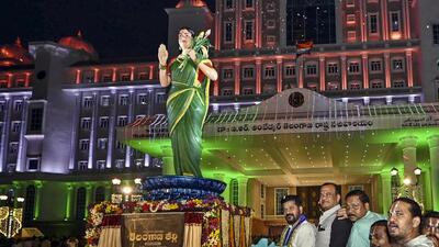 Telangana Chief Minister A. Revanth Reddy unveils the 'Telangana Thalli' (Mother Telangana) statue on the State Secretariat premises, in Hyderabad, on Monday (PTI) Telangana Chief Minister A. Revanth Reddy unveils the 'Telangana Thalli' (Mother Telangana) statue on the State Secretariat premises, in Hyderabad, on Monday (PTI)