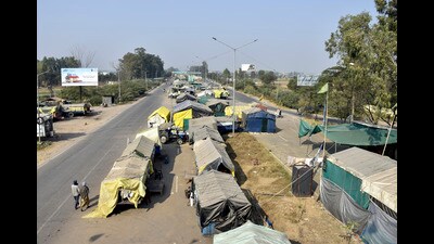 Tents of farmers at the Shambhu border a day after their Dilli Chalo march was suspended on Monday. (PTI)