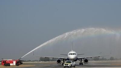 The Noida International Airport (NIA) conducted a first flight validation test at the newly built airport in Noida (Jewar), Uttar Pradesh on Monday. (Sunil Ghosh/HT ) The Noida International Airport (NIA) conducted a first flight validation test at the newly built airport in Noida (Jewar), Uttar Pradesh on Monday. (Sunil Ghosh/HT )