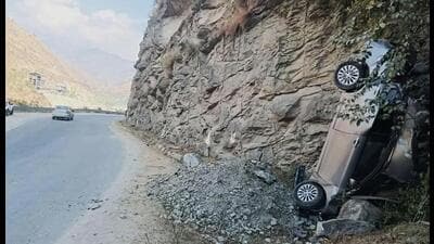 The driver lost control and the car rammed into a hillside on National Highway-5 near Rampur Bushahr on Monday. (HT Photo)