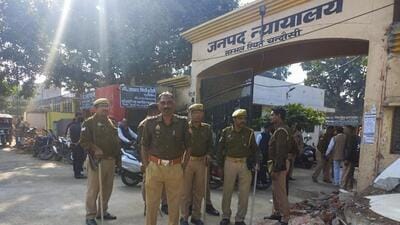 Tight security outside Sambhal court on Monday. (PTI PHOTO) Tight security outside Sambhal court on Monday. (PTI PHOTO)