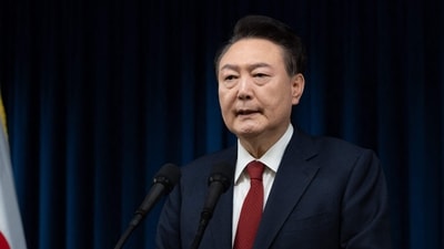 South Korea's President Yoon Suk Yeol delivering an address at the Presidential Office in Seoul. (AFP) South Korea's President Yoon Suk Yeol delivering an address at the Presidential Office in Seoul. (AFP)