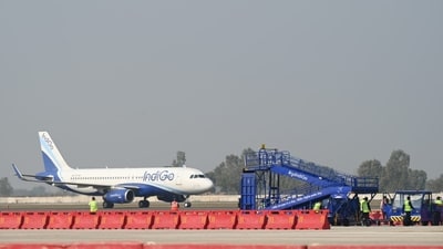 The IndiGo plane landed at Noida's Jewar airport on Monday, December 9. (HT/Sunil Ghosh) The IndiGo plane landed at Noida's Jewar airport on Monday, December 9. (HT/Sunil Ghosh)