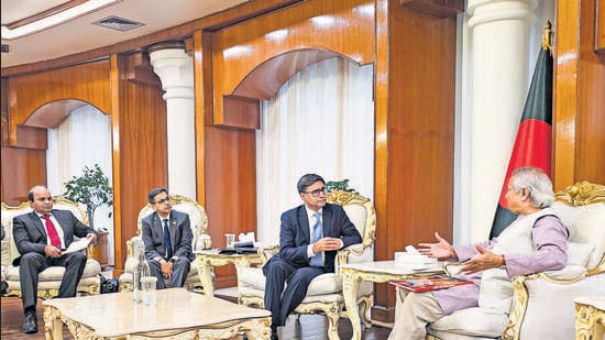 Foreign secretary Vikram Misri with Chief Adviser to Bangladesh Interim government Muhammad Yunus during a meeting, in Dhaka, on Monday. (PTI)