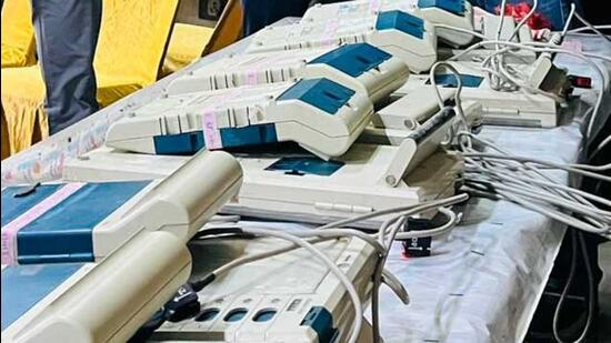 The electronic voting machines (EVMs) which were inspected at the SRS Government Polytechnic College for Girls in Ludhiana on Monday. (HT Photo)