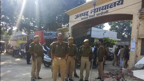 Tight security outside Sambhal court on Monday. (PTI PHOTO)