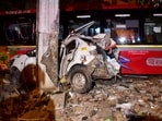 Wreckage of a car after a speeding Brihanmumbai Electricity Supply and Transport Undertaking (BEST) bus collided with several vehicles on a road at Kurla in Mumbai on Monday night.
