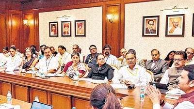 **EDS: IMAGE VIA @Dev_Fadnavis** Mumbai: Maharashtra Chief Minister Devendra Fadnavis chairs a review meeting with all Additional Chief Secretaries, Principal Secretaries, Secretaries and other senior officials of the state governement, at Vidhan Bhavan, in Mumbai, Monday, Dec. 9, 2024. (PTI Photo)(PTI12_09_2024_000518A) (PTI) **EDS: IMAGE VIA @Dev_Fadnavis** Mumbai: Maharashtra Chief Minister Devendra Fadnavis chairs a review meeting with all Additional Chief Secretaries, Principal Secretaries, Secretaries and other senior officials of the state governement, at Vidhan Bhavan, in Mumbai, Monday, Dec. 9, 2024. (PTI Photo)(PTI12_09_2024_000518A) (PTI)