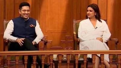 Parineeti Chopra looks uncomfortable with Raghav Chadha's wife jokes. Parineeti Chopra looks uncomfortable with Raghav Chadha's wife jokes.