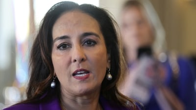 Harmeet Dhillon talks to the press after losing the election for Chair at the winter meeting of the Republican National Committee in Dana Point, California. REUTERS/FILE PHOTO