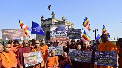 In Mumbai, the Bhartiya Bhikkhu Sangh, comprised of Buddhist monks, organised a protest at the Gateway of India. (Anshuman Poyrekar/ Hindustan Times) In Mumbai, the Bhartiya Bhikkhu Sangh, comprised of Buddhist monks, organised a protest at the Gateway of India. (Anshuman Poyrekar/ Hindustan Times)