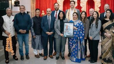 India’s consul general in Vancouver Masakui Rungsung (third from left, front row) at the Hindu Heritage Month event in Surrey on November 29. Also present were British Columbia’s Premier David Eby (back row centre), Deputy Premier Niki Sharma (front row centre) and Liberal Party MP Sukh Dhaliwal (second from left, front row). (Credit: Consulate of India, Vancouver)
