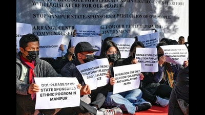 Kuki MLAs from Manipur stage a silent sit-in protest demanding the restoration of peace in the violence-affected Manipur, at Jantar Mantar, in New Delhi on Tuesday. (ANI PHOTO) Kuki MLAs from Manipur stage a silent sit-in protest demanding the restoration of peace in the violence-affected Manipur, at Jantar Mantar, in New Delhi on Tuesday. (ANI PHOTO)