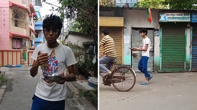 A Kolkata man in a torn T-shirt and jeans, pretending to be a beggar. (Instagram/@pantha_the_last_roll_number) A Kolkata man in a torn T-shirt and jeans, pretending to be a beggar. (Instagram/@pantha_the_last_roll_number)