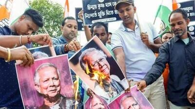 Members of Tripura Congress in Agartala stage a protest against Chief Adviser of Bangladesh Muhammad Yunus demanding the release of spiritual leader Chinmoy Krishna Das, who was arrested in the neighbouring country. (PTI) Members of Tripura Congress in Agartala stage a protest against Chief Adviser of Bangladesh Muhammad Yunus demanding the release of spiritual leader Chinmoy Krishna Das, who was arrested in the neighbouring country. (PTI)