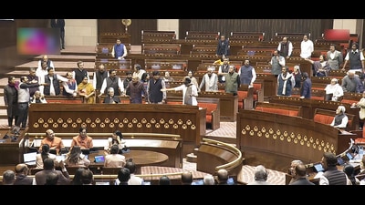 Opposition MPs raise slogan in Rajya Sabha during the Winter Session of Parliament, in New Delhi on Tuesday. (ANI PHOTO) Opposition MPs raise slogan in Rajya Sabha during the Winter Session of Parliament, in New Delhi on Tuesday. (ANI PHOTO)