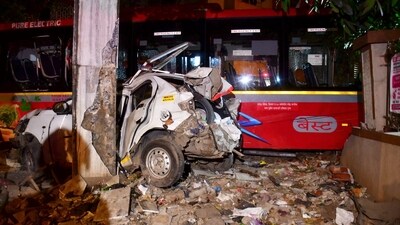 Wreckage of a car after a speeding Brihanmumbai Electricity Supply and Transport Undertaking (BEST) bus collided with several vehicles on a road at Kurla, in Mumbai, on Monday night, (PTI) Wreckage of a car after a speeding Brihanmumbai Electricity Supply and Transport Undertaking (BEST) bus collided with several vehicles on a road at Kurla, in Mumbai, on Monday night, (PTI)