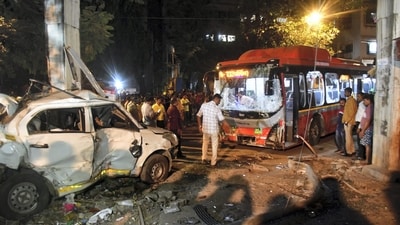 People gather near the wreckage of vehicles after a Brihanmumbai Electric Supply and Transport (BEST) undertaking's bus rammed into pedestrians as well as vehicles on a road at Kurla in Mumbai on Monday,(PTI Photo) (PTI) People gather near the wreckage of vehicles after a Brihanmumbai Electric Supply and Transport (BEST) undertaking's bus rammed into pedestrians as well as vehicles on a road at Kurla in Mumbai on Monday,(PTI Photo) (PTI)