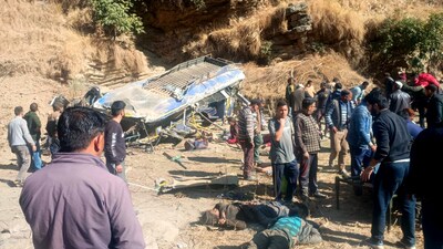 Police said that the private bus on its way from Karsog to Anni went out of control on Tuesday morning and rolled down in a gorge 120 metres below the road. (Aqil Khan /HT)