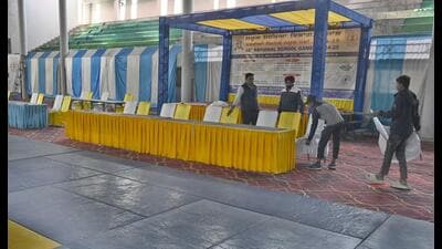 Preparations underway at the multipurpose hall in Ludhiana on Tuesday. (HT Photo) Preparations underway at the multipurpose hall in Ludhiana on Tuesday. (HT Photo)