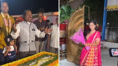 A couple enacting Ram and Sita Swayamvar story during their wedding function. (Screengrab) A couple enacting Ram and Sita Swayamvar story during their wedding function. (Screengrab)