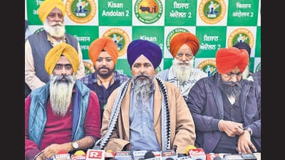 Sarwan Singh Pandher (c), during a press conference at Shambhu border on Tuesday. (PTI) Sarwan Singh Pandher (c), during a press conference at Shambhu border on Tuesday. (PTI)