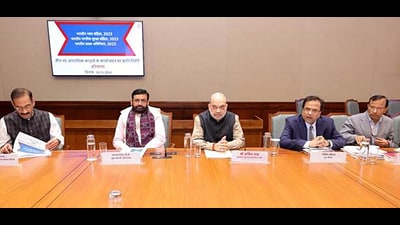 Union minister for home affairs and cooperation Amit Shah chairs a review meeting on the implementation of three new criminal laws in Haryana in the presence of Haryana chief minister Shri Nayab Singh Saini in New Delhi on Tuesday. (PIB)