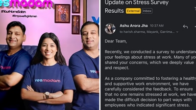 An employee of YesMadam shared a screenshot of the purported email who alleged that she is among the 100-odd employees who were fired. (Facebook/yesmadamofficial, X/SatanAtWink) An employee of YesMadam shared a screenshot of the purported email who alleged that she is among the 100-odd employees who were fired. (Facebook/yesmadamofficial, X/SatanAtWink)