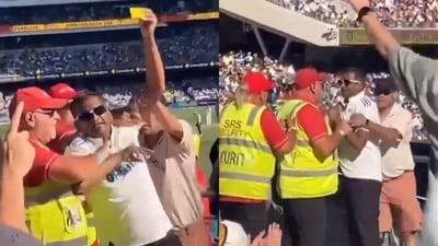 The fans in the stands can be seen waving goodbye at him in jest as he is pulled away from the area in the video. (Twitter) The fans in the stands can be seen waving goodbye at him in jest as he is pulled away from the area in the video. (Twitter)