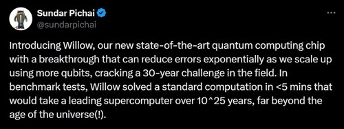 Sundar Pichai's post about Willow. (X) Sundar Pichai's post about Willow. (X)