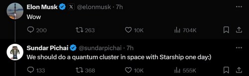 Conversation between Elon Musk and Sundar Pichai. (X) Conversation between Elon Musk and Sundar Pichai. (X)