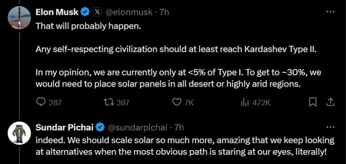 Elon Musk and Sundar Pichai's X conversation on Willow. (X) Elon Musk and Sundar Pichai's X conversation on Willow. (X)