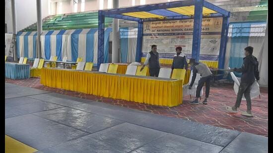 Preparations underway at the multipurpose hall in Ludhiana on Tuesday. (HT Photo)
