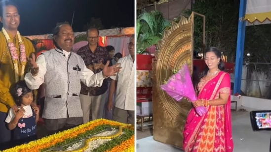 A couple enacting Ram and Sita Swayamvar story during their wedding function. (Screengrab)