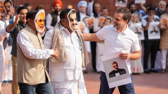 Congress MP Rahul Gandhi, along with other party leaders, protested against Gautam Adani and PM Modi at the Parliament premises on Monday. (PTI)