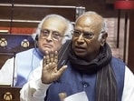 Rajya Sabha Chairman Jagdeep Dhankar listens to Congress President Mallikarjun Kharge in the Rajya Sabha during the Winter Session of Parliament, in New Delhi. Rajya Sabha Chairman Jagdeep Dhankar listens to Congress President Mallikarjun Kharge in the Rajya Sabha during the Winter Session of Parliament, in New Delhi.