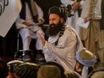 Afghanistan's minister for refugees, Khalil Haqqani at a gathering held to mark the first anniversary of their return to power in Afghanistan in Kabul on August 15, 2022. Afghanistan's minister for refugees, Khalil Haqqani at a gathering held to mark the first anniversary of their return to power in Afghanistan in Kabul on August 15, 2022.