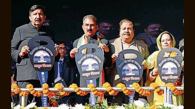 (From left) Deputy CM Mukesh Agnihotri, CM Sukhvinder Singh Sukhu, Congress state incharge Rajiv Shukla and HPCC chief Pratibha Singh during an event in Bilaspur on Wednesday. (HT Photo) (From left) Deputy CM Mukesh Agnihotri, CM Sukhvinder Singh Sukhu, Congress state incharge Rajiv Shukla and HPCC chief Pratibha Singh during an event in Bilaspur on Wednesday. (HT Photo)