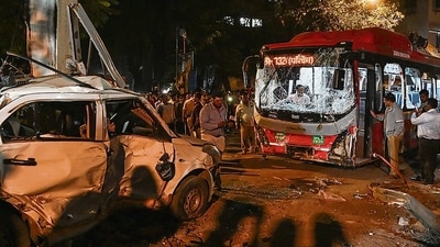A BEST contractual driver left a trail of destruction after hitting a speed breaker and then pressing the accelerator instead of the brakes. (Raju Shinde/HT Photo)