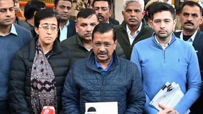 Aam Aadmi Party National Convener Arvind Kejriwal with Chief Minister of Delhi Atishi and Sanjay Singh, Raghav Chadha and other senior leaders after meeting with Chiief Election Commission, in New Delhi, India, on Wednesday, (Hindustan Times) Aam Aadmi Party National Convener Arvind Kejriwal with Chief Minister of Delhi Atishi and Sanjay Singh, Raghav Chadha and other senior leaders after meeting with Chiief Election Commission, in New Delhi, India, on Wednesday, (Hindustan Times)