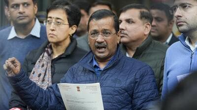 AAP National Convener Arvind Kejriwal, along with party leaders Delhi CM Atishi, Raghav Chadha, Sanjay Singh and others, addresses the media after meeting the Chief Election Commission of India, in New Delhi on Wednesday. (PTI) AAP National Convener Arvind Kejriwal, along with party leaders Delhi CM Atishi, Raghav Chadha, Sanjay Singh and others, addresses the media after meeting the Chief Election Commission of India, in New Delhi on Wednesday. (PTI)