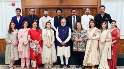 Prime Minister Narendra Modi poses for a group picture with the Kapoor family during their meet ahead of the upcoming Raj Kapoor 100 Film Festival on Raj Kapoor's centenary, in New Delhi on Tuesday. Neetu Kapoor, Karisma Kapoor, Kareena Kapoor, Saif Ali Khan, Ranbir Kapoor, Alia Bhatt and others present. (ANI) Prime Minister Narendra Modi poses for a group picture with the Kapoor family during their meet ahead of the upcoming Raj Kapoor 100 Film Festival on Raj Kapoor's centenary, in New Delhi on Tuesday. Neetu Kapoor, Karisma Kapoor, Kareena Kapoor, Saif Ali Khan, Ranbir Kapoor, Alia Bhatt and others present. (ANI)
