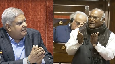Rajya Sabha Chairman Jagdeep Dhankhar conducts proceedings as Leader of Opposition Mallikarjun Kharge speaks in the House during the Winter session of Parliament, in New Delhi, Monday, Dec. 9, 2024. (PTI) Rajya Sabha Chairman Jagdeep Dhankhar conducts proceedings as Leader of Opposition Mallikarjun Kharge speaks in the House during the Winter session of Parliament, in New Delhi, Monday, Dec. 9, 2024. (PTI)