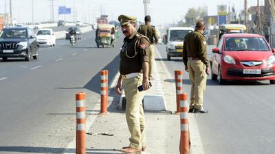 Ghaziabad Police inspect the incident spot on NH-9 on Wednesday. (Sakib Ali/HT Photo)