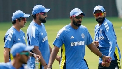 India's coach Gautam Gambhir, left, captain Rohit Sharma, second left, Jasprit Bumrah, second right and Ravindra Jadeja attend a practice session (AP)